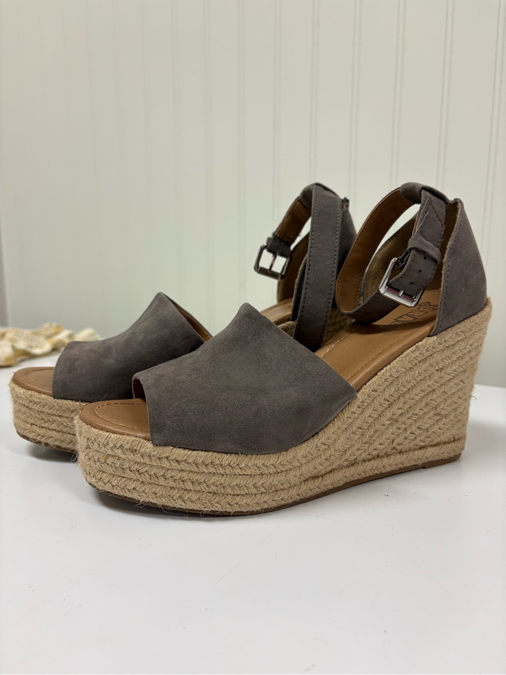 Brash Gray Suede Espadrille Wedge Sandals with Ankle Buckle